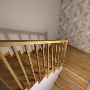 Schody drewniane z balustradą na poddaszu, nowoczesny design, naturalne wykończenie, bezpieczne i st.